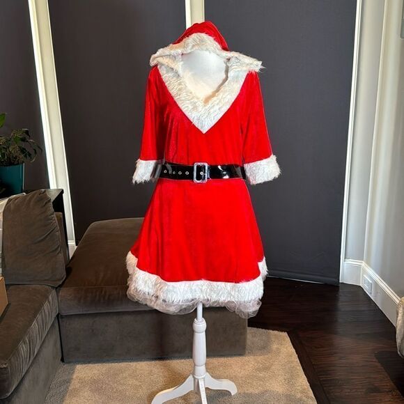 Short Red Hooded Dress White Faux Fur Trim Mrs Claus Santa Christmas Size L - Picture 1 of 12